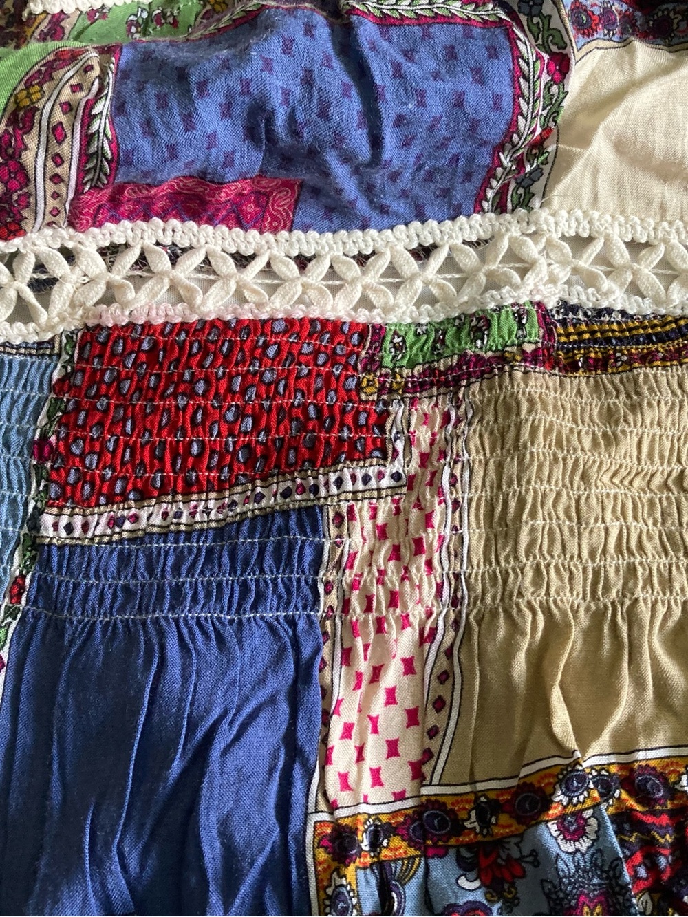 Boho Multicolor Patchwork Cotton Top with Crochet Trim Sleeveless Size M Hippie - Picture 4 of 7